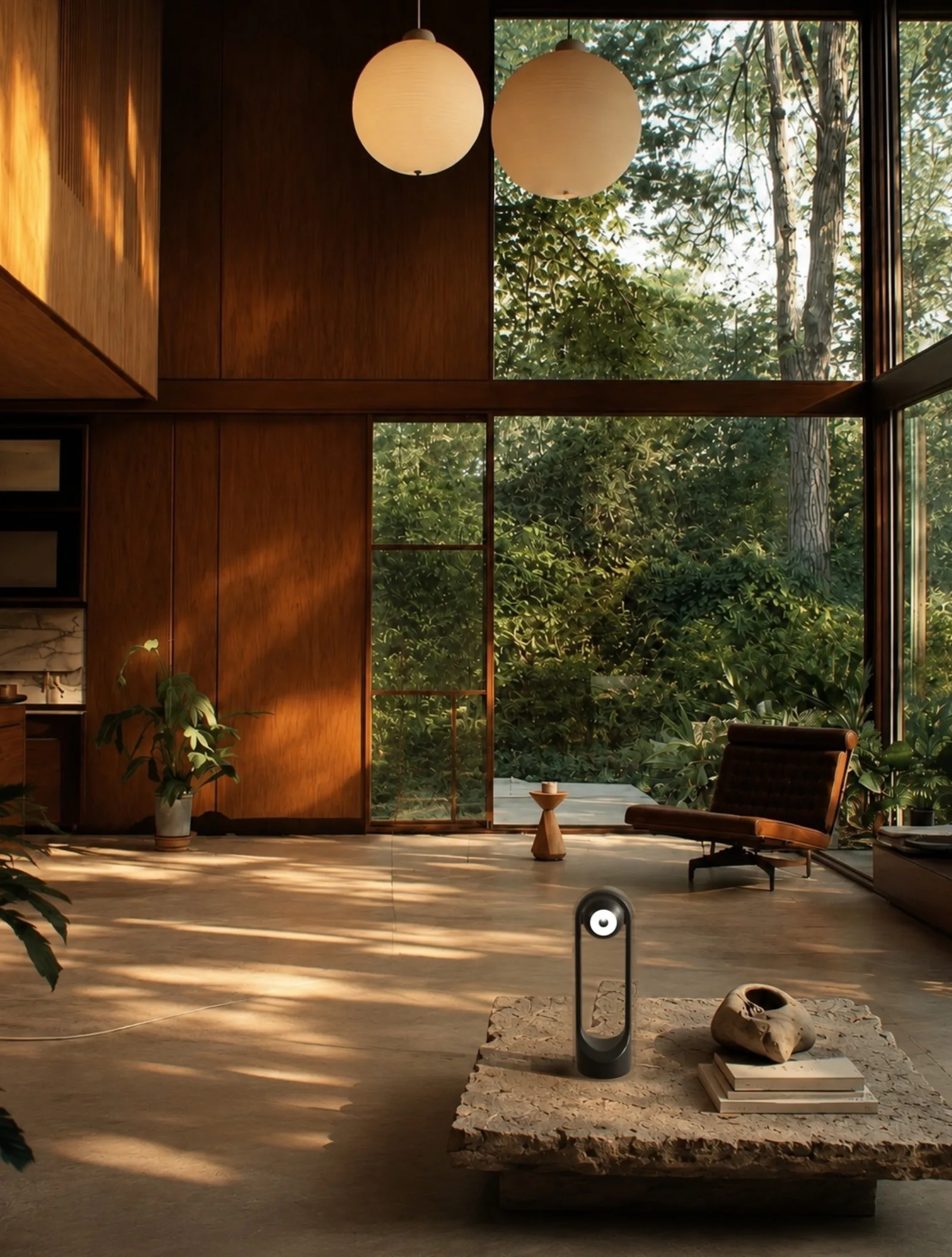 Harness on a stone table in a wood-panelled room, late afternoon light through the trees outside